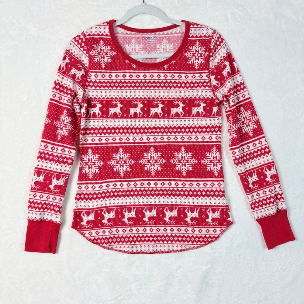 Old Navy Thermal Tee Womens M Red Family‎ Pajama Fair Isle Reindeer Snowflake